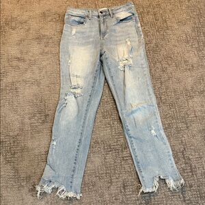 Classic Light Wash Straight-Leg Jeans with Distressed Hem